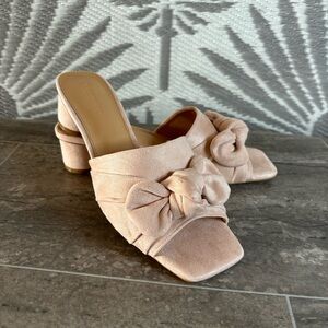Pink Bow Slide Heels Square Toe Mule Sandals 7.5 Block Heel Y2K faux suede